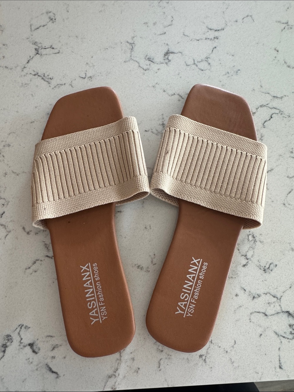 Yasinanx Beige Knit Slide Sandals for Women